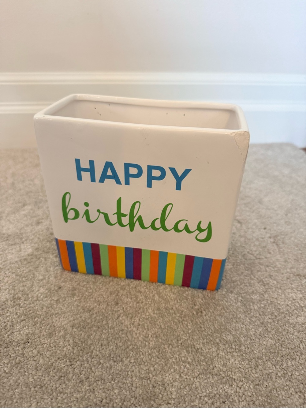 Happy Birthday Ceramic Planter - White with Multicolor Stripes